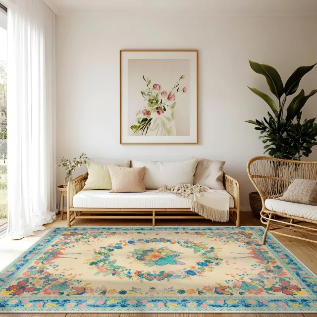 Ibenzoa Vintage Bloemen Vloerkleed voor Woonkamer en Slaapkamer - Antislip en Wasbaar, 160 x 230 cm blauw