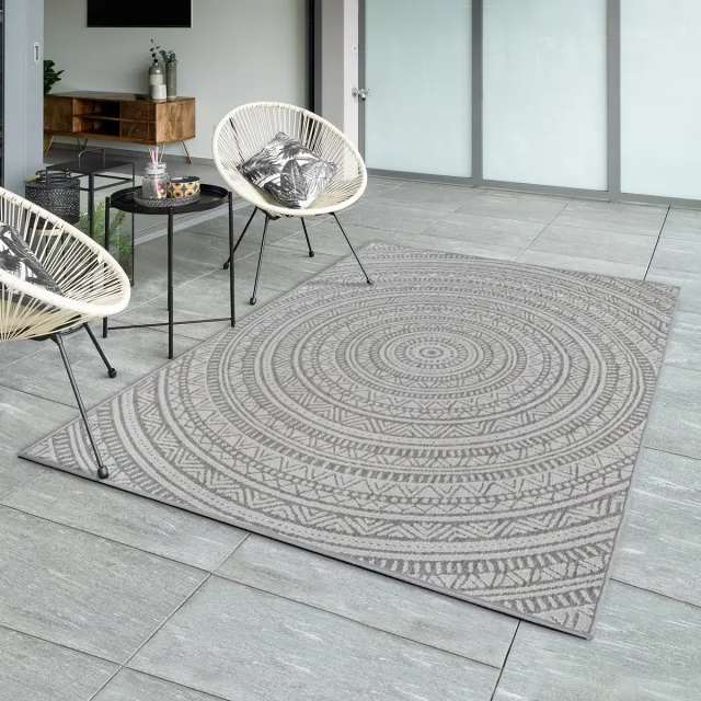 the carpet Mistra – robuust buitentapijt, weerbestendig & modern, voor balkon, terras of keuken, antraciet met etnisch rond patroon, 80 x 200 cm