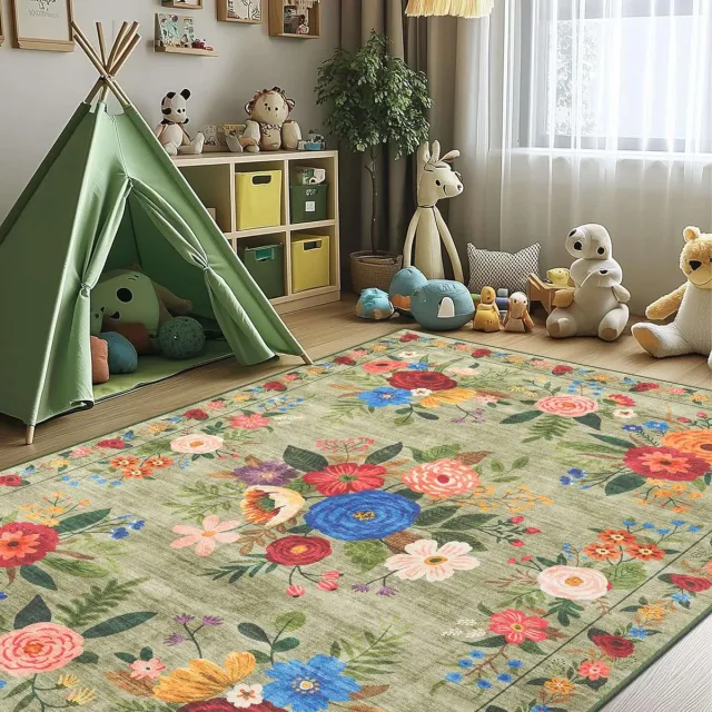 Unyqoos Wasbaar zwart vintage tapijt met bloemenpatroon voor diverse ruimtes Groen