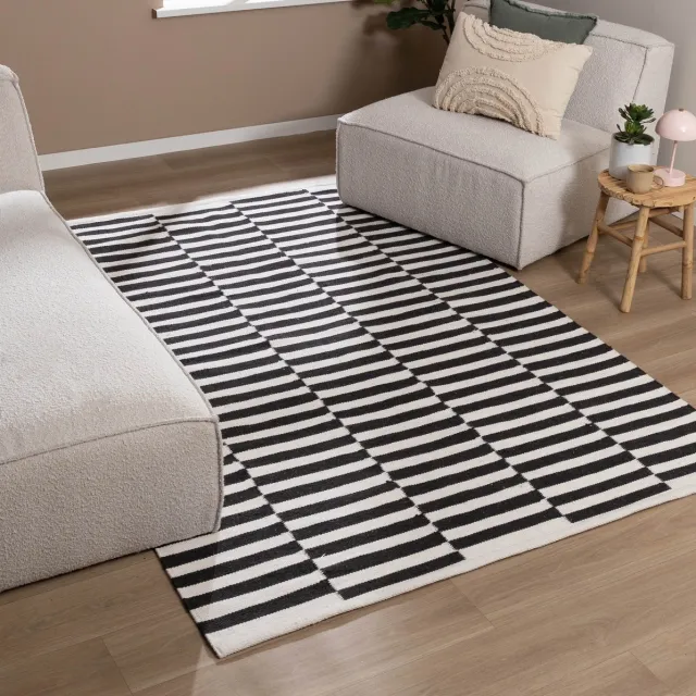 Fraai Katoenen vloerkleed - Dazzle Blocks Zwart/Wit - 80x150cm