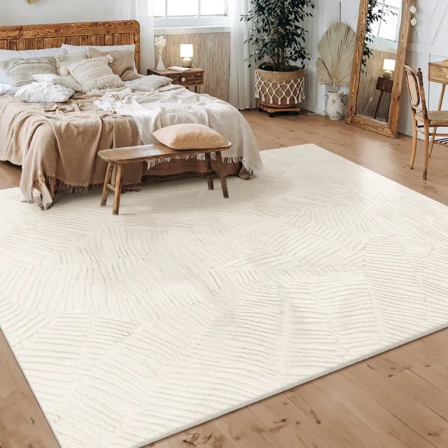 flycarpets Zacht fluffy vloerkleed - Lely Leaves Crème - 200x280 cm - Laagpolig Tapijt Woonkamer / Slaapkamer / Kinderkamer Creme