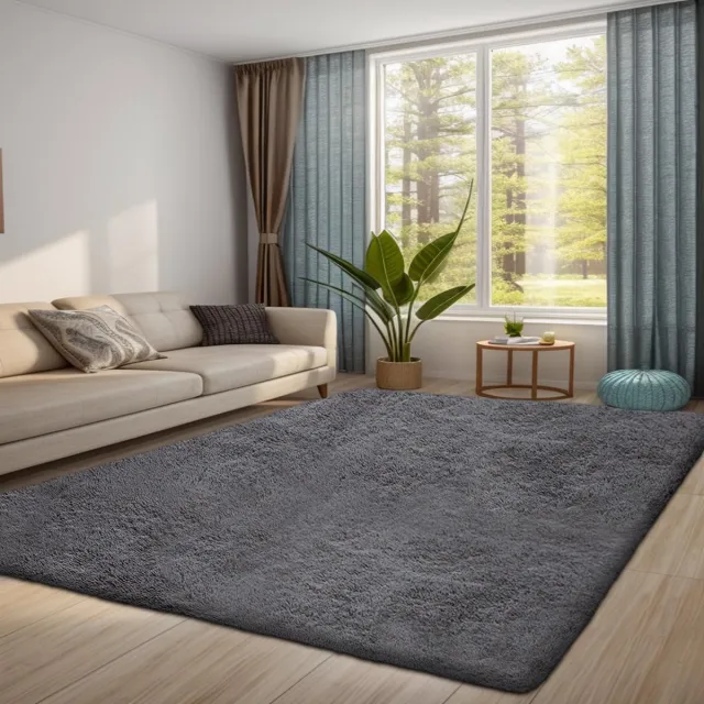Ibenzoa Vloerkleed voor Woonkamer en Slaapkamer - Zacht en Pluizig Shaggy Tapijt met Antislip Onderkant, Wasbaar, Donkergrijs, 80 x 160 cm