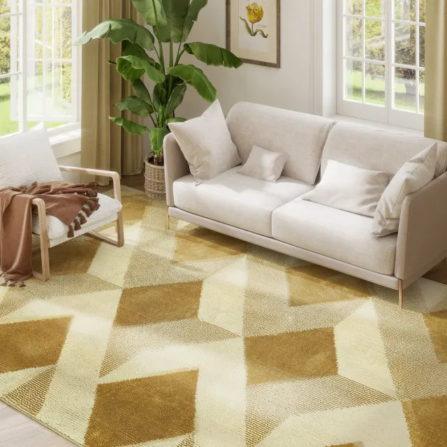 ECTEATOY Vloerkleed voor Woonkamer - Carpet - Tapijt - Geometrisch 3D-Effect - Hypoallergeen & Wasbaar - 230 x 160 cm - Geel
