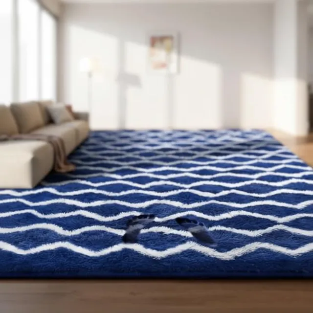 Maison Elara Vloerkleed Woonkamer Hoogpolig Gestreept 160x230 cm - Antislip Wasbaar Shaggy - Marineblauw en Wit