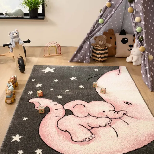 Tapeso Kindervloerkleed olifant - Adventures grijs/roze 120x170