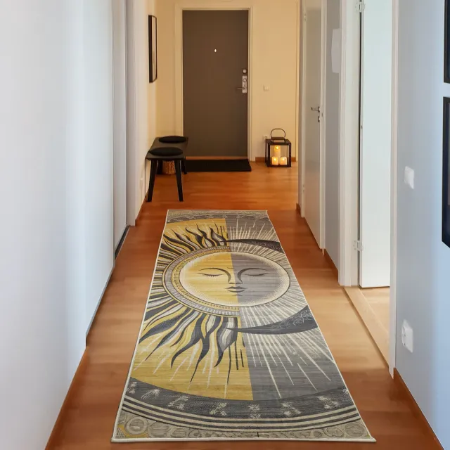 ABAKUHAUS Vloerkleed - Woonkamer Tapijt - Modern – zon en maan – 76 x 229 cm – mosterdpaars