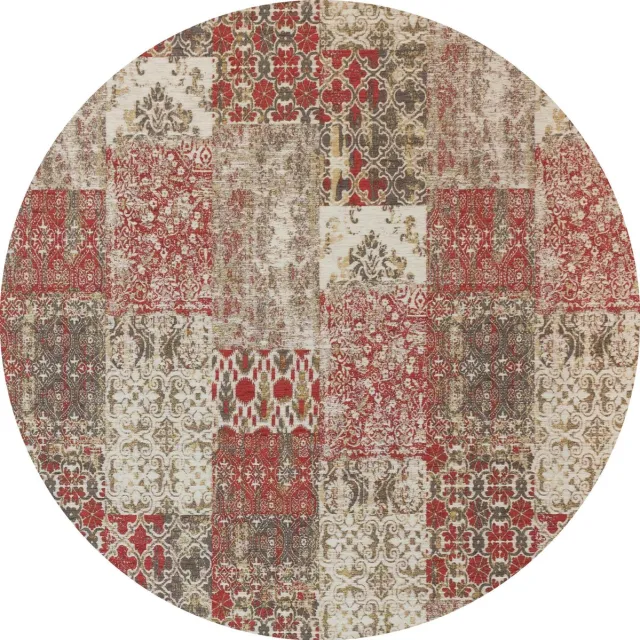 Gínore Vintage rond vloerkleed - Patchwork - Tapijten woonkamer - Cranberry Rood - 200cm ø