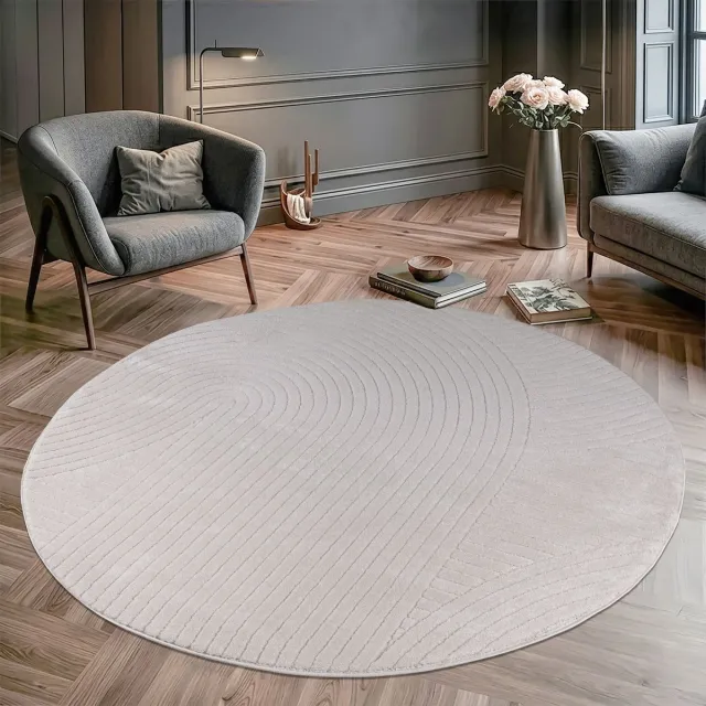 Muratap Vivant Japandi Art - Rond Vloerkleed Laagpolig Effen - Creme- 200 CM Ø