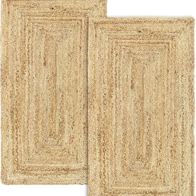 Famanu Alhambra Jute Tapijten, 2 stuks, natuurlijke kleur, 100% jutevezel, handgemaakt, woonkamertapijt, eetkamer, slaapkamer, hal, natuurlijke kleur (60 x 110 cm), 2 stuks Natuurlijke Beige