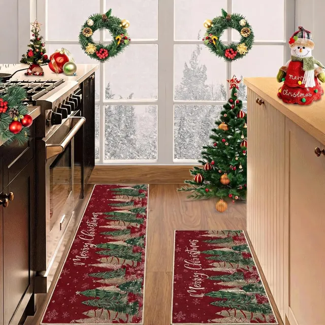 Triumpunpre Kerst Deurmat Set 2 Stuks 40x60 cm en 40x120 cm - Rode Kerstmat met Kerstboom Design en Antislip Onderkant rood