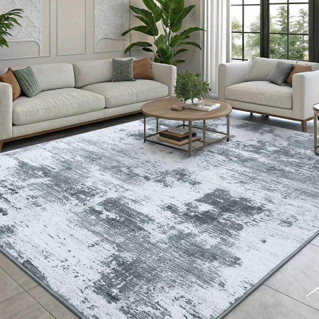 Famanu Modern vloerkleed, abstract design, 80 x 150 cm, machinewasbaar, antislip, laagpolig, duurzaam tapijt voor woonkamer, slaapkamer en kantoor Zwart