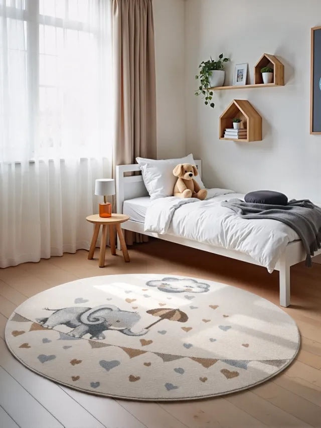 Villeroy & Boch Kindervloerkleed Elephant Rainy Party - Creme / Kleurrijk - Laagpolig Vloerkleed Kinderkamer - Ø 160 cm rond