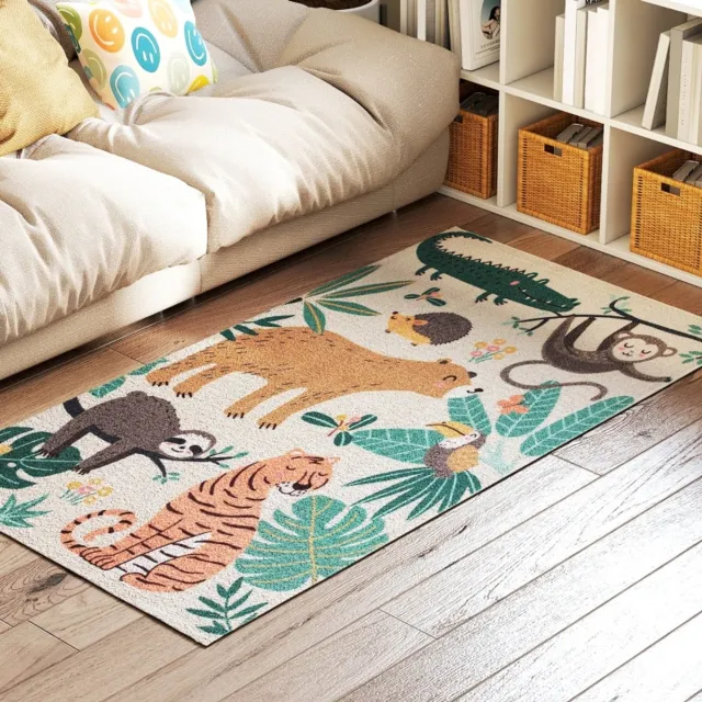 FloraGrace Vloerkleed Antislip – 150 x 80 cm – Polyester – Multicolor – Jungle Dierenprint – Zacht Laagpolig Voor Binnen Crèmewit