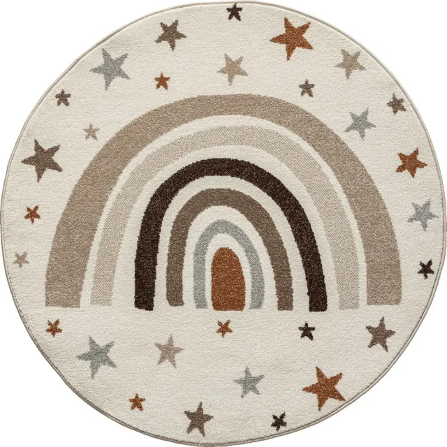 the carpet Beat Kids modern zacht kindertapijt, zachte pool, gemakkelijk te reinigen, kleurecht, regenboogmotief, crème met regenboog en sterren, 160 cm rond