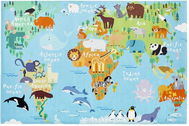 Padiro speels kindervloerkleed 160 x 230 cm - lichtblauw - speels kindermotief - met wereldkaartmotief - voor vloerverwarming - van polyester en latex