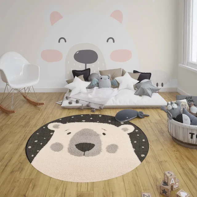 Zala Living Kinderkamer vloerkleed Icebear Emmet - zwart/crème 120 cm rond
