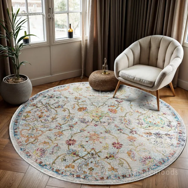 Muratap Picasso Sarough Vintage Rond Vloerkleed Creme / Beige Laagpolig- 160 CM Ø Multikleur