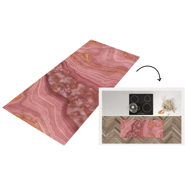 KitchenYeah Keukenloper - Loper keuken - Marmer - Roze - Gouden - Keukenloper vinyl Multicolor
