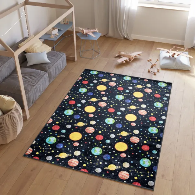 Tapiso Emma Vloerkleed Kinderkamer Jeugdkamer Heelal Jongen Tapijt Zwart