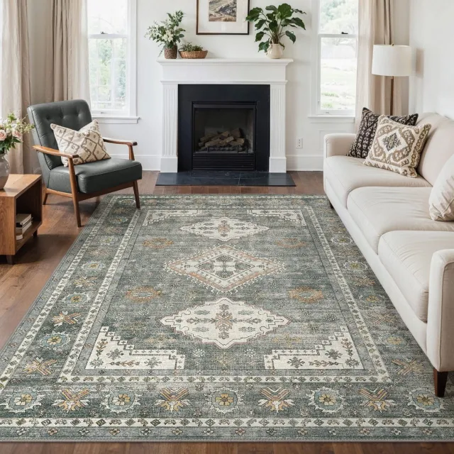 GENIMO Tapijt -Boho vintage kortflor-Antislip en wasbaar-Voor woonkamer en slaapkamer-Grijs