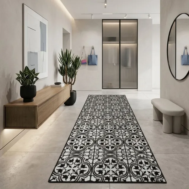 Floordirekt Tapijtloper Wexford - Met Patroon - Op Maat gemaakte Fijne Lus Tapijtloper Voor Keuken, Hal & Woonkamer - 80 x 350 cm Zwart