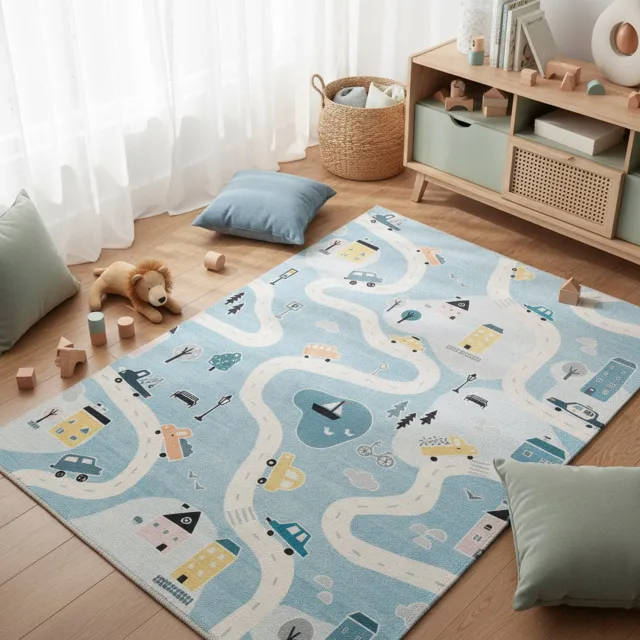 TESSO LIVING Vloerkleed Kinderkamer - Autobaan 120 x 160 cm Tapijt Kinderkamer – Machine Wasbaar & Anti-Slip – Premium Laagpolige Speelmat voor Kids Autobaan - Licht Blauw