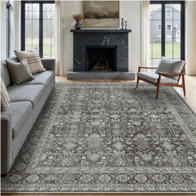 HUGEAR Vintage Woonkamer Tapijt Zwart Vloerkleed Groot 300x400cm Machinewasbaar Antislip Eetkamer Slaapkamer Wasruimte Kantoor Keuken Buiten Vloerkleden kortpolige tapijten
