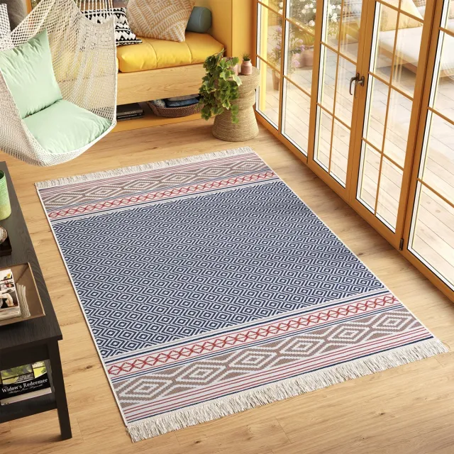 Tapiso Azteca Vloerkleed Katoenen Dubbelzijdig Tapijt Woonkamer Rood Marineblauw