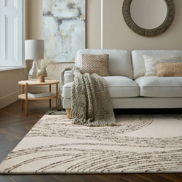 flycarpets Abstract Swirl Modern Laagpolig - 100% Wol Vloerkleed - Naturel / Bruin / Beige