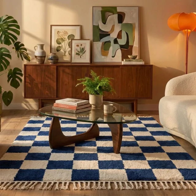Fraai Checkerboard vloerkleed - Blox Fringe Blauw