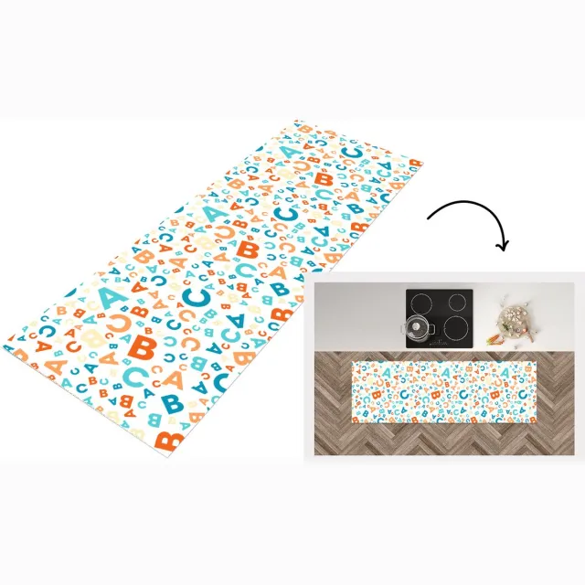 KitchenYeah Keukenloper - Loper keuken - Letters - Abc - Oranje - Blauw - Patronen - 150x50 cm - Keukenloper vinyl Multicolor