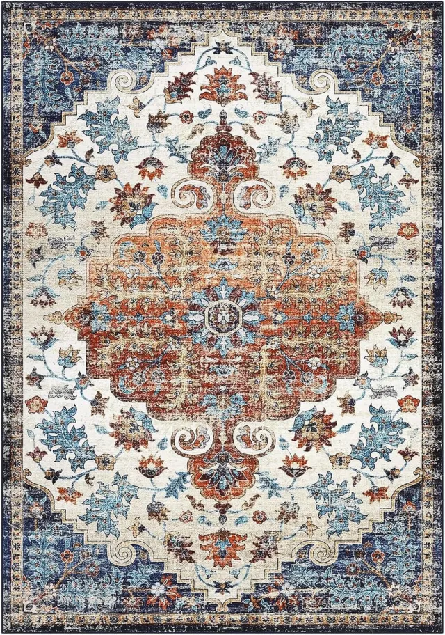 Triumpunpre Vloerkleed 120 x 170 cm, blauw, Perzische print, wasbaar, antislip, zacht polyester