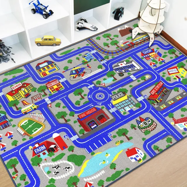 Unyqoos Educatief en Antislip Speeltapijt voor Kinderen met Stadsthema, 150x200 cm Blauw