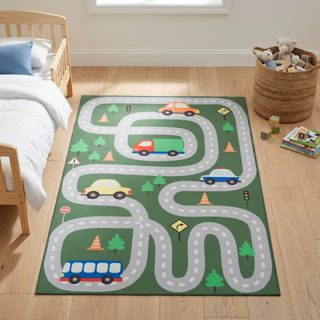 Tapiso Snooki Vloerkleed voor Kinderkamer Speelkleed Groen Kindertapijt met Auto Motief Jongens Autovloerkleed Antislip Zacht Kortpolig OEKO-TEX 140x200 Groen Grijs