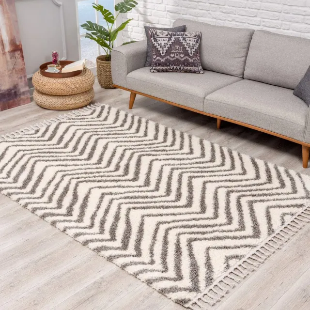Ibenzoa Gedetailleerd Etnisch Chevron Vloerkleed – Crème, 80 x 300 cm met Franjes grijs