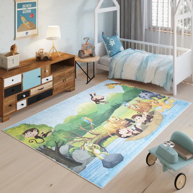 Tapiso Emma Vloerkleed Kinderkamer Kindertapijt Aapjes Tapijt Blauw Groen