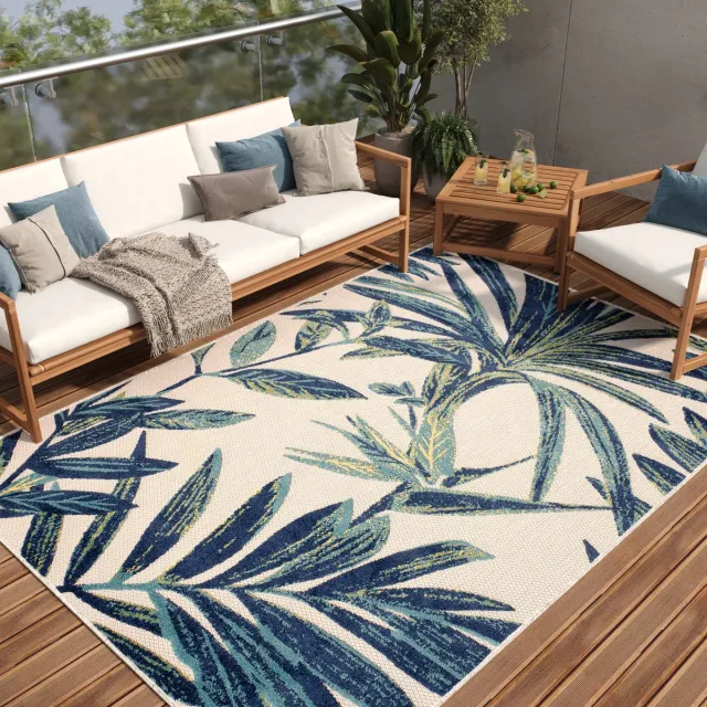 Tapiso Patio Indoor Tapijt Beige Blauw Tuintapijt Buitenkleed Planten, foto 4