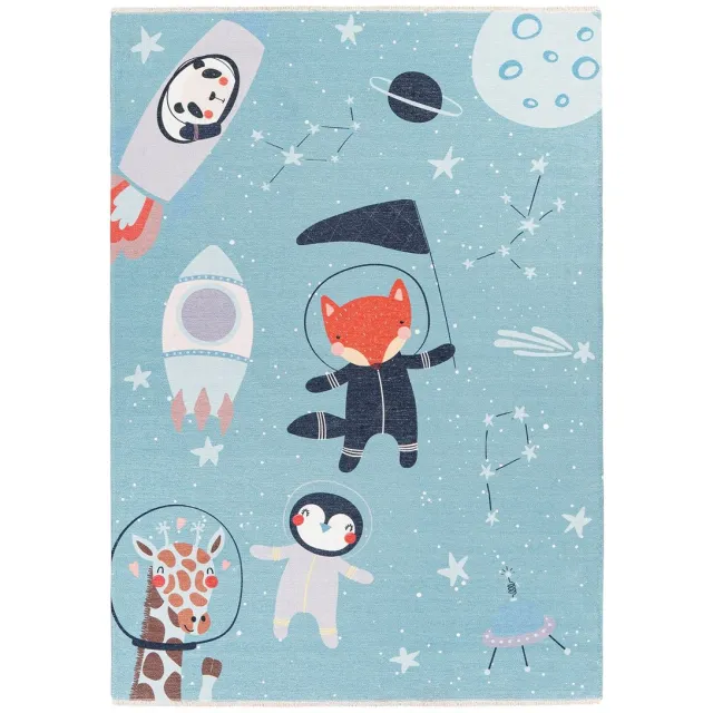 Padiro speels kindervloerkleed 115 x 170 cm - lichtblauw - speels kindermotief - met dieren-astronautenmotief - van katoen en polyester