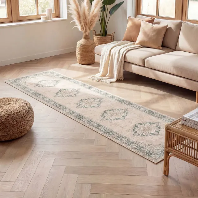 Fraai Vintage loper - Spring Medaillon Creme/Groen - 80x300cm Crème