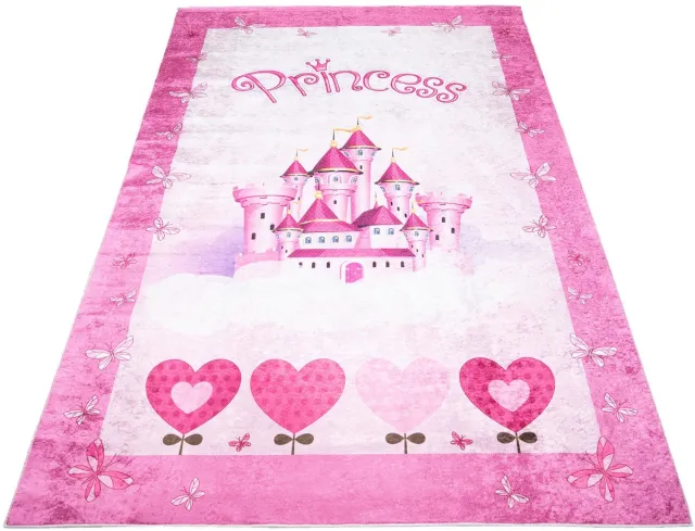 Mazovia Kleed Kinderkamer 120x170cm - Kasteel, Hart - Vrolijk Kleurrijk Roze