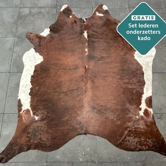 Koeienhuidkopen.nl EXTRA GROTE! Roodbruin koeienhuid vloerkleed - Bont bruin koeienkleed tapijt donkerbruin wit koeienvel - Meerkleurige dierenhuid dierenvel koehuid tapijt