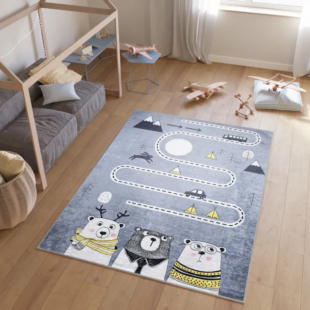 Tapiso Emma Vloerkleed Kindertapijt Dieren Kinderkamer Baby Kinderen Tapijt Grijs Geel