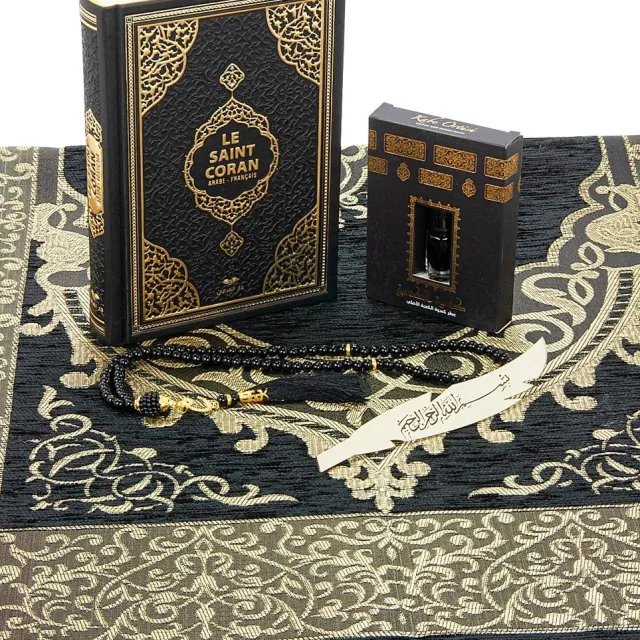 Live Comfy Ihvan Online Gebedsset Voor Hajj En Umrah | Islamitisch Gebedskleed | Tasbih Gebedskralen | Heilige Koran Met Franse Vertaling | Salah Janamaz | Geschenkset Zwart-Wit