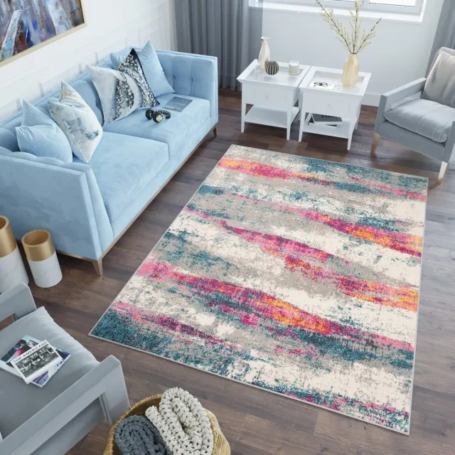 Tapiso Lazur Vloerkleed Grijs Roze Modern Woonkamer Tapijt Grijs Roze Blauw