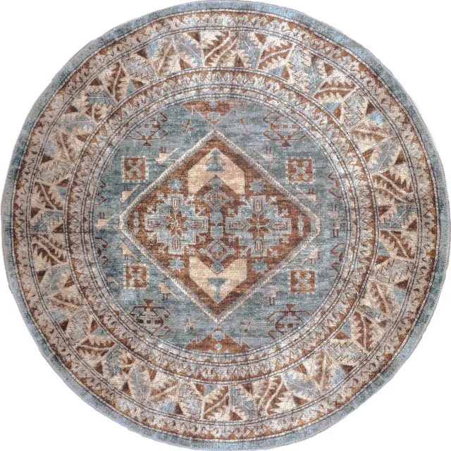 Veer Carpets Vloerkleed Laria Blue 3 Rond - ø200 cm - Laagpolig – Vintage / Klassiek Medaillon Blauw