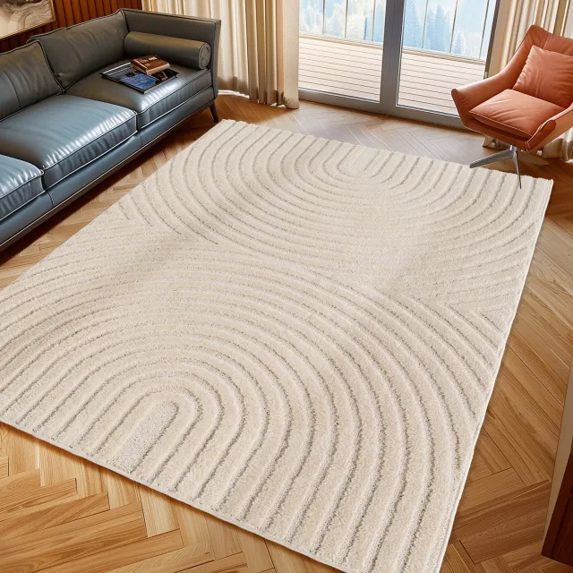 Moonay Kiyaro Arco Vloerkleed Crème 160 x 230 cm - Japandi Scandinavisch - Lijnen en Bogen - Hoog- en Laagpolig 3D Creme