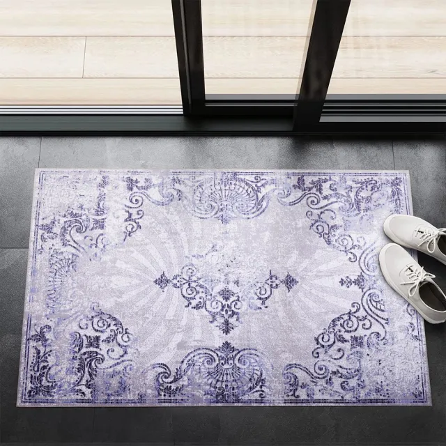 Netline Home Wasbaar - Antislip Deurmat voor badkamer, entree - Binnendeurmat - Moderne Oosterse Design Deurmat - Gemakkelijk schoon te maken - Laagpolig (60x90) wit-blauw