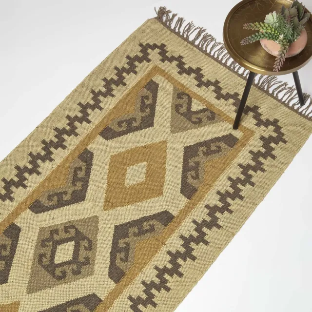 Homescapes Handgeweven jute vloerkleed Ravar - 80 x 180 cm, kelimpatroon beige-goud-bruin
