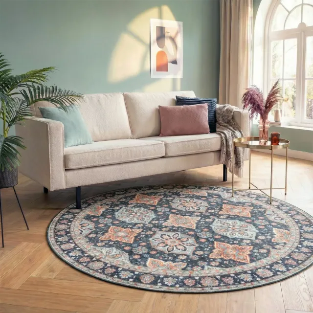 Fraai Rond vintage vloerkleed - Imagine Oriental Blauw | Rijk - Ø 200cm