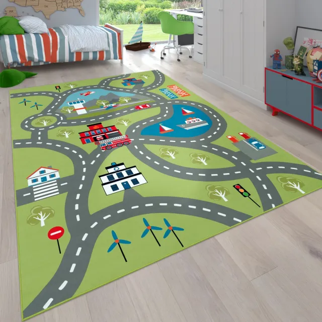 flycarpets Binola Kindervloerkleed Groen / Grijs - Speelkleed / Speelmat Auto - Laagpolig Vloerkleed Kinderkamer